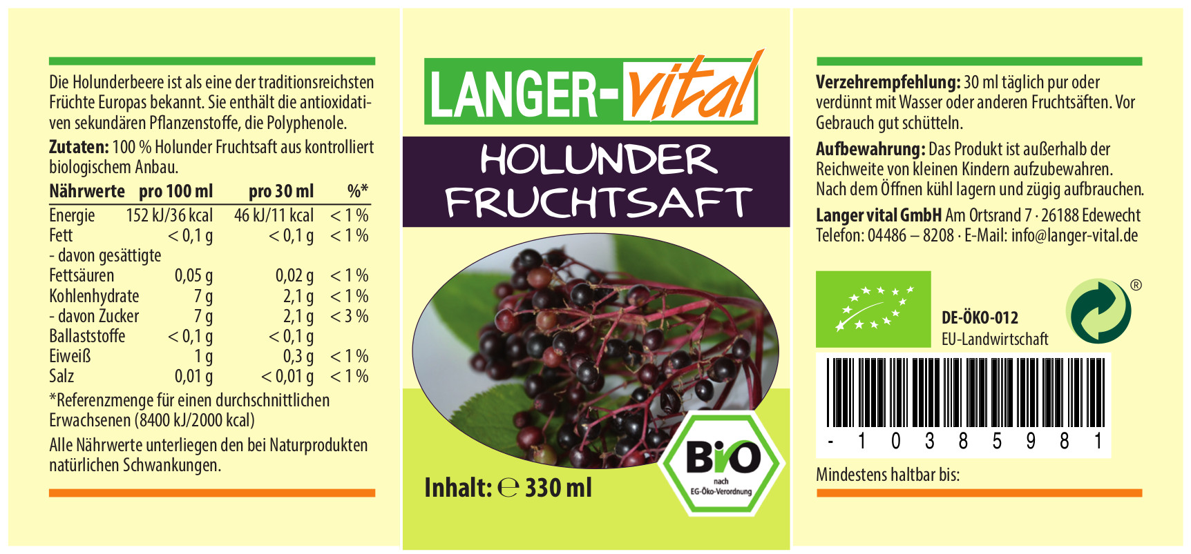 Holunder Fruchtsaft Bio, 330 ml