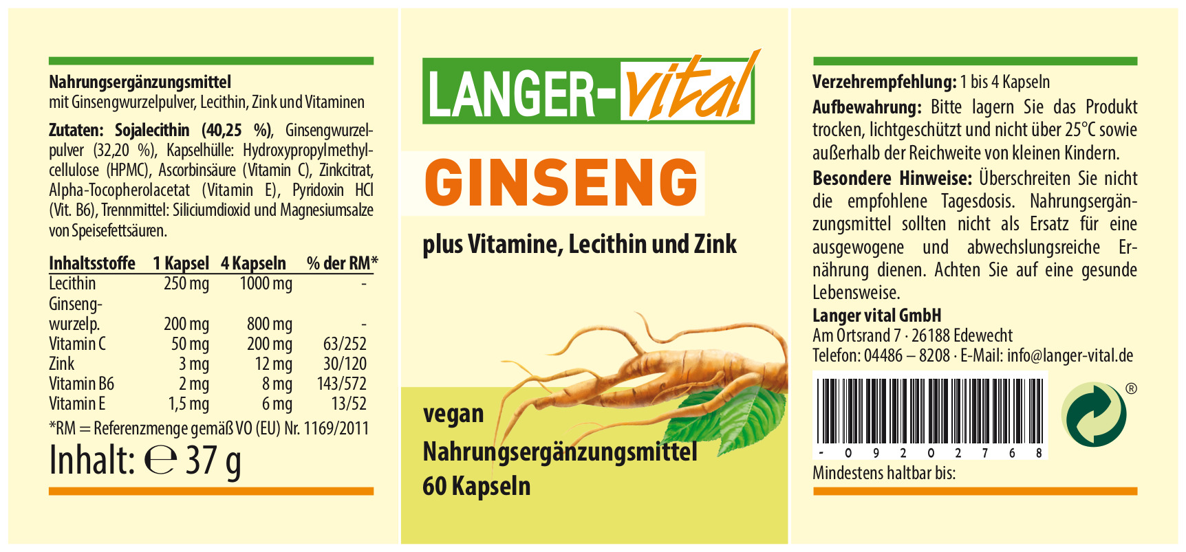 Ginseng plus Vitamine, Lecithin und Zink, 60 Kapseln
