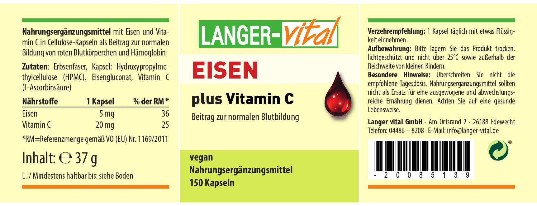 Eisen plus Vitamin C, 150 Kapseln
