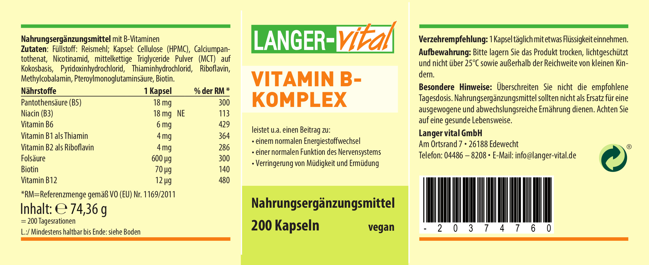 Vitamin B-Komplex vegan, 200 Kapseln