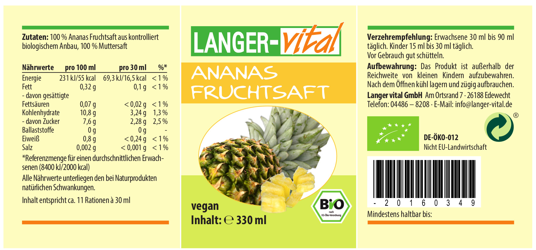 Ananas Fruchtsaft Bio, 330 ml
