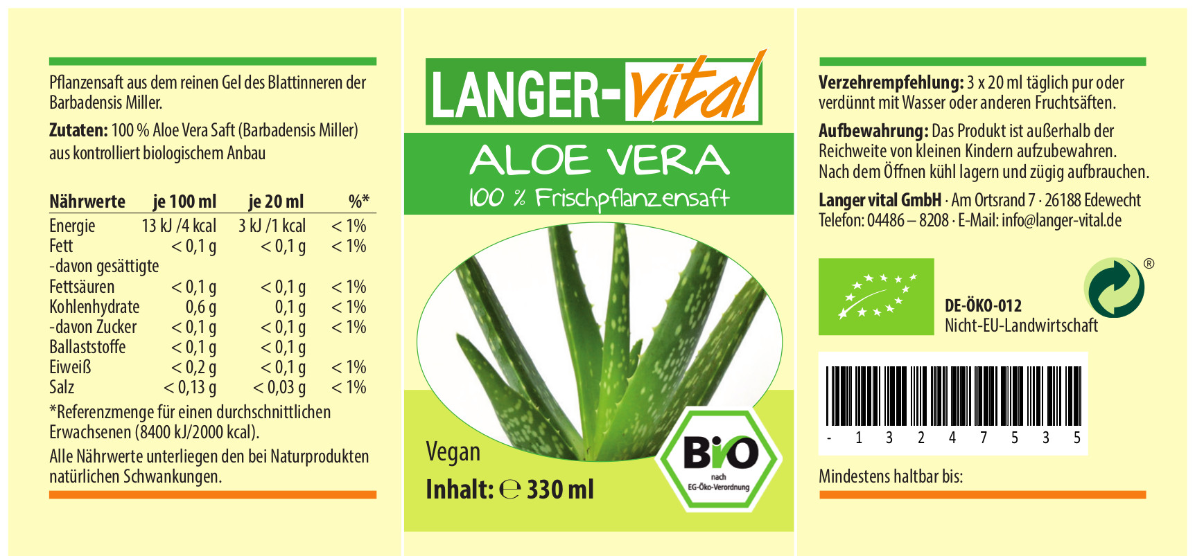 Aloe Vera 100 % Frischpflanzensaft Bio, 330 ml