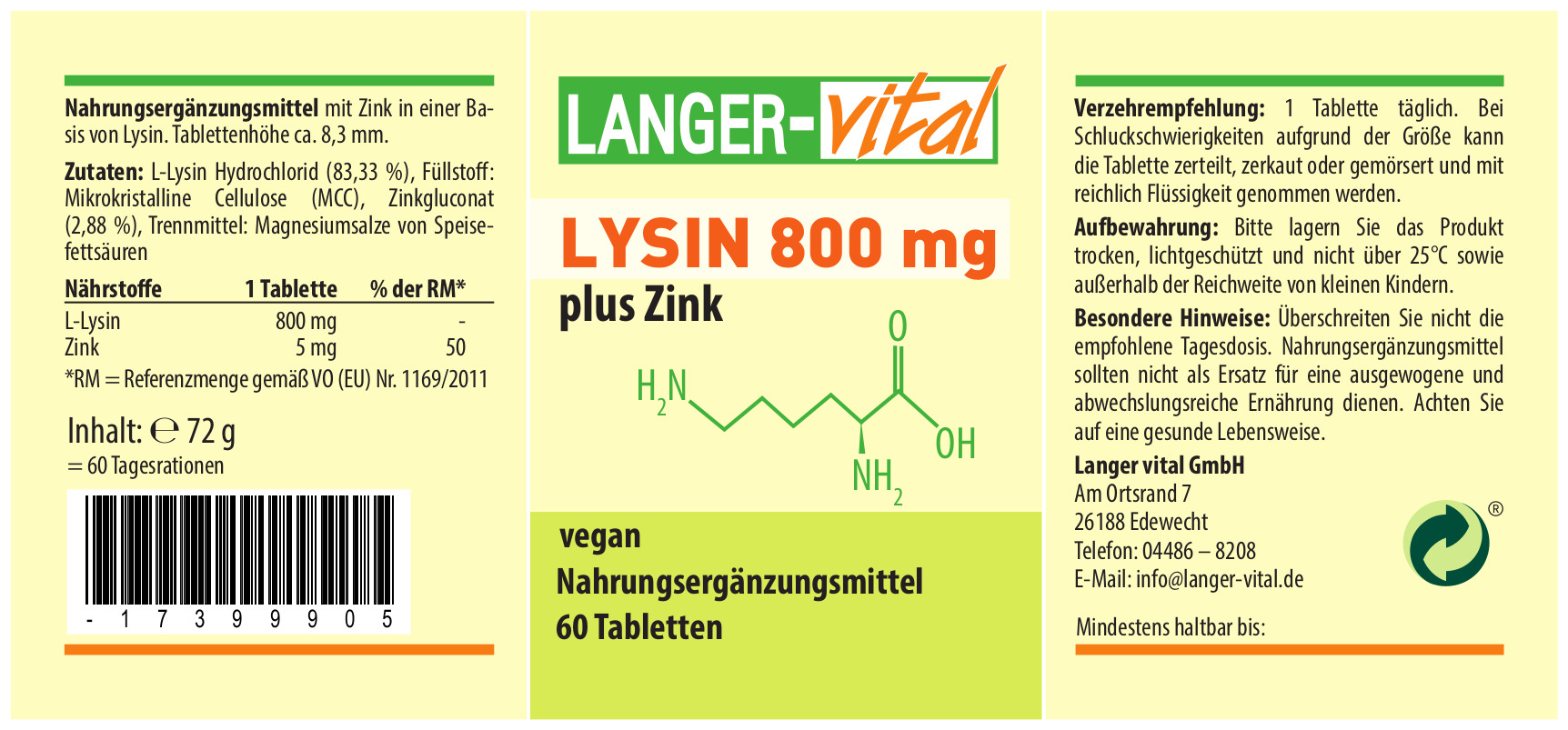Lysin 800 mg + Zink, 60 Tabletten