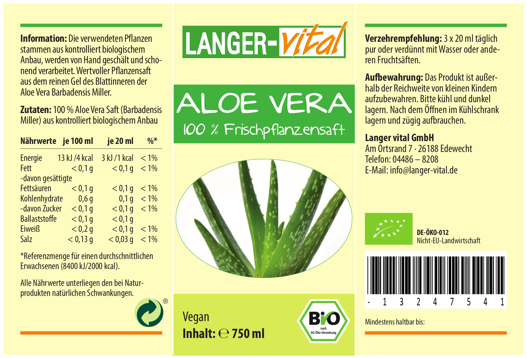 Aloe Vera 100 % Frischpflanzensaft Bio, 750 ml