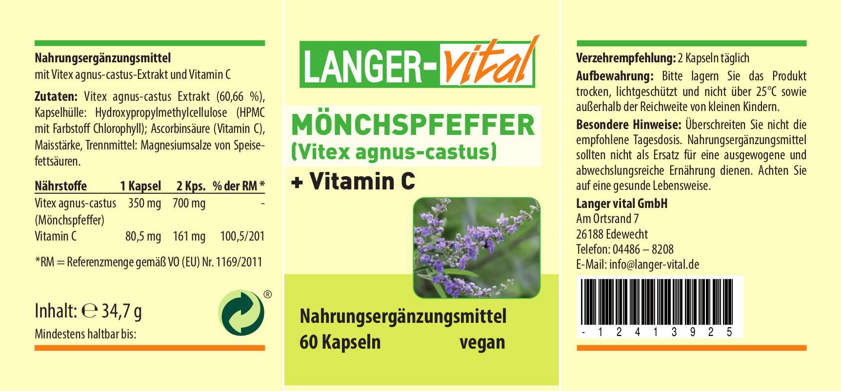 Mönchspfeffer (Vitex agnus-castus) + Vitamin C, 60 Kapseln