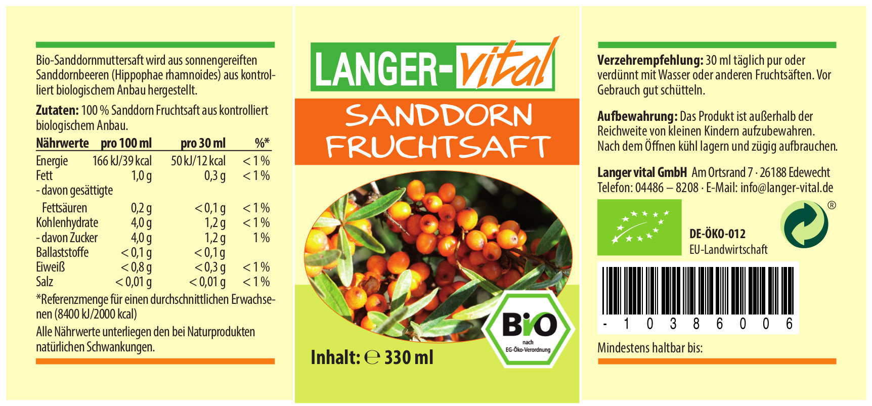 Sanddorn Fruchtsaft Bio, 330 ml