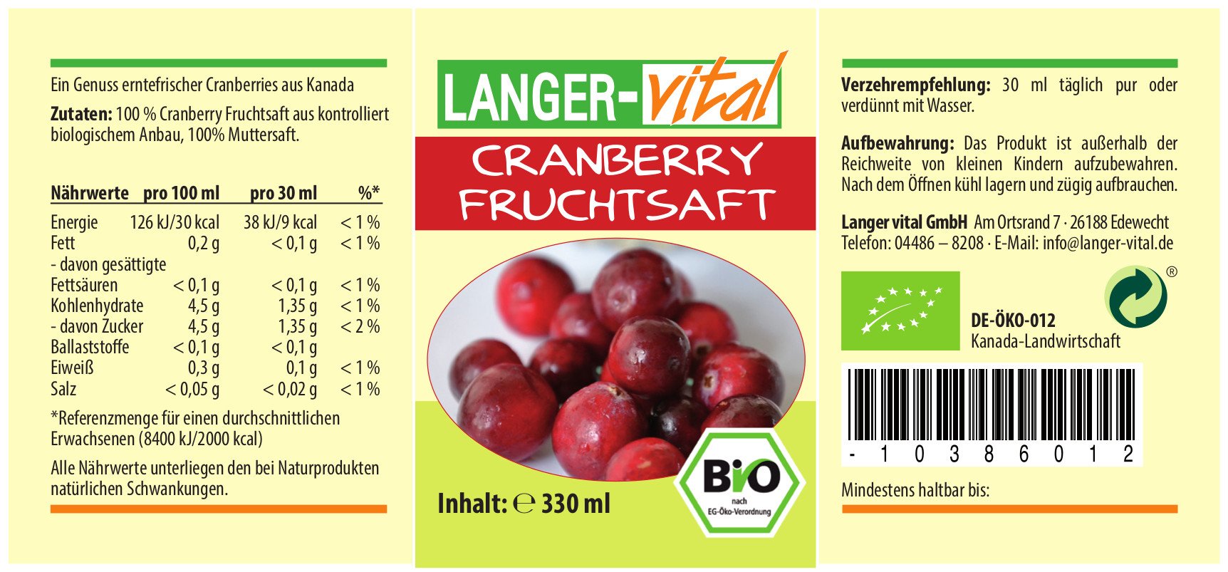 Cranberry Fruchtsaft Bio, 330 ml