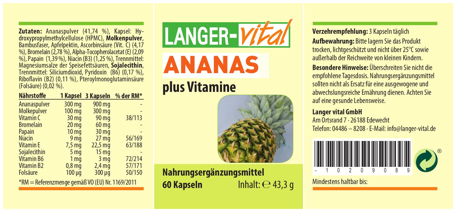 Ananas + Bromelain + Vitamine, 60 Kapseln