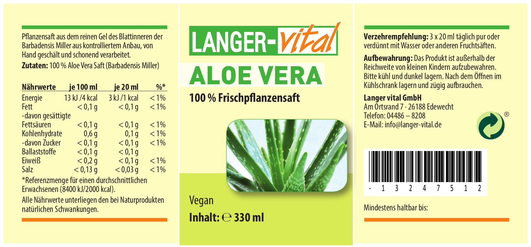 Aloe Vera 100 % Frischpflanzensaft, 330 ml