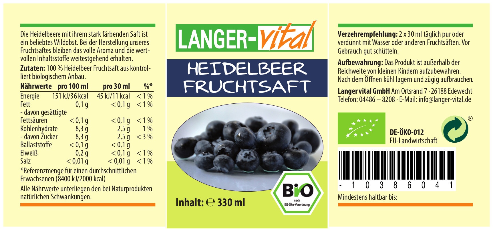Heidelbeer Fruchtsaft Bio, 330 ml