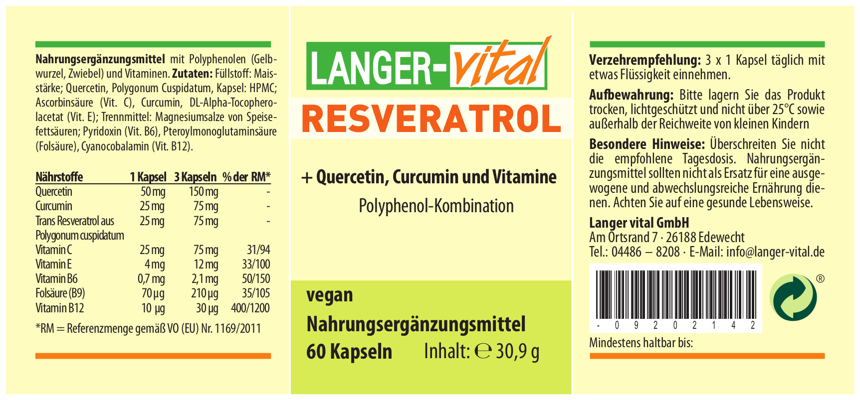 Resveratrol + Quercetin, Curcumin und Vitaminen, 60 Kapseln