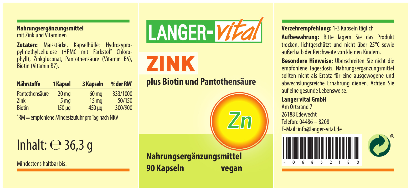 Zink plus Vitamine, Biotin + Pantothensäure, 90 Kapseln