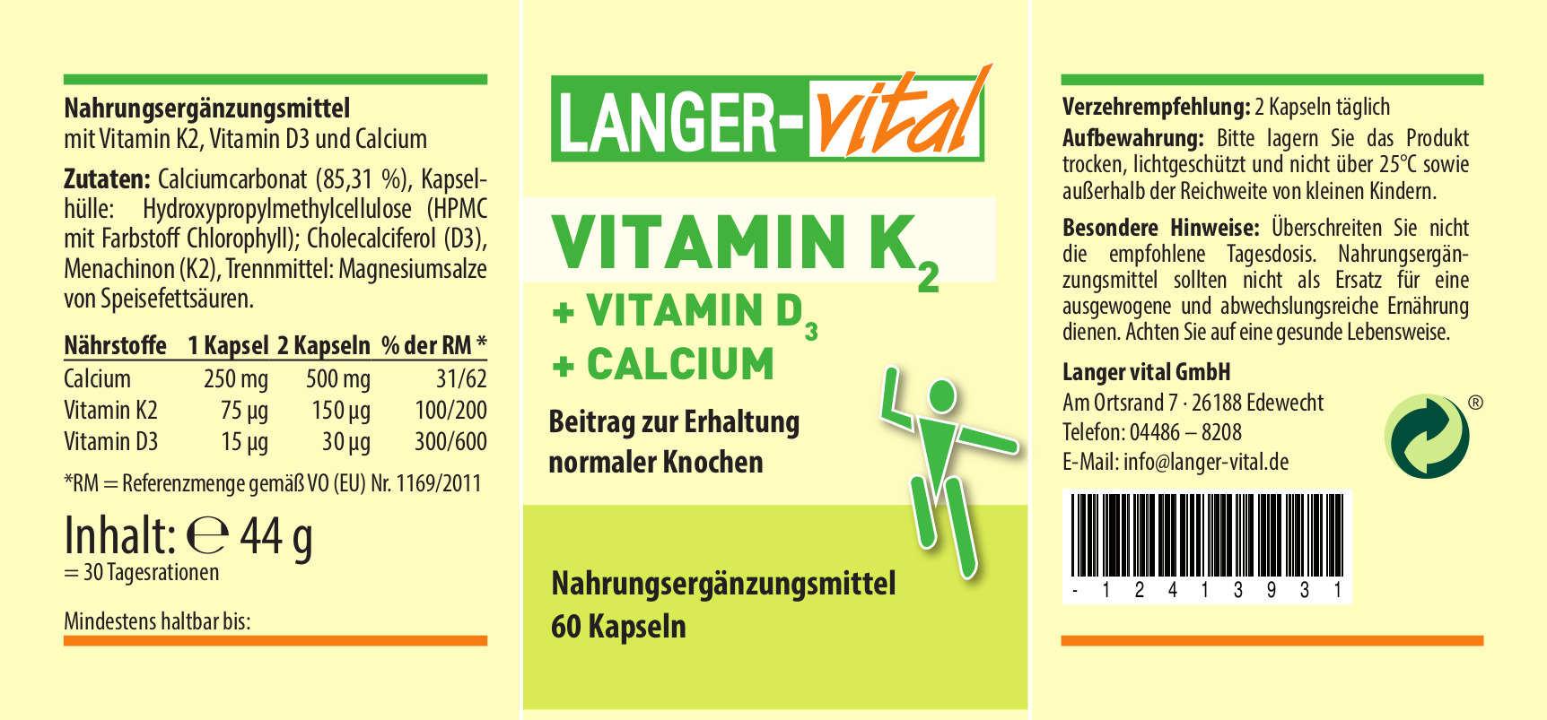 Vitamin K2 + Vitamin D3 + Calcium, 60 Kapseln