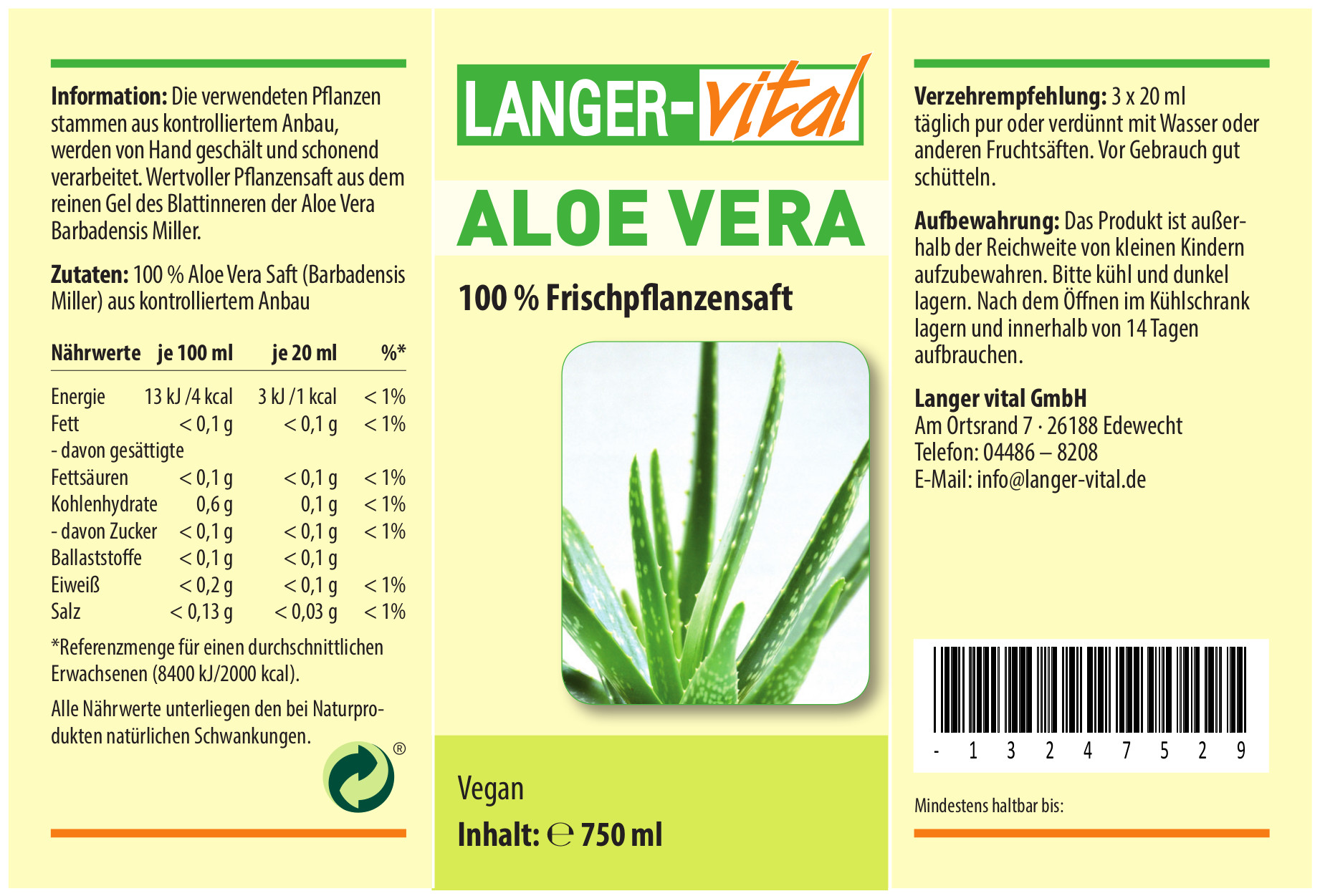 Aloe Vera 100 % Frischpflanzensaft, 750 ml
