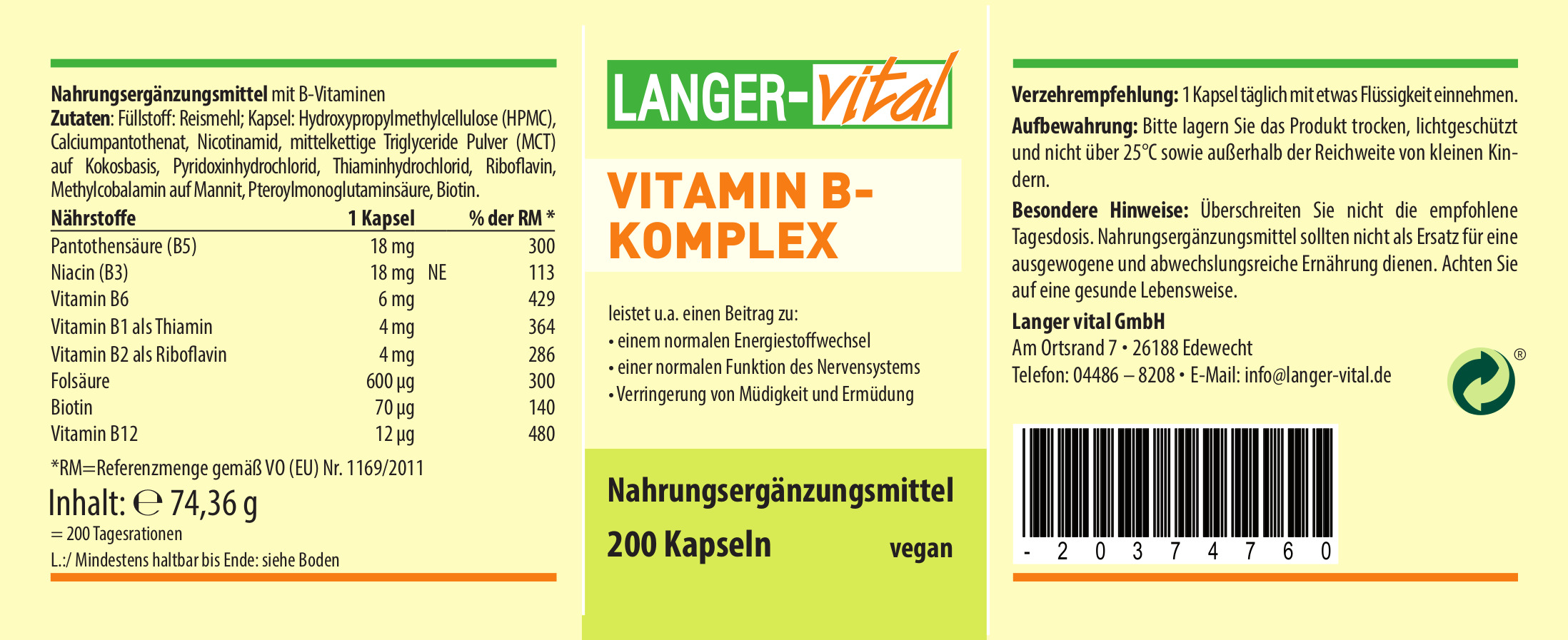 Vitamin B-Komplex vegan, 200 Kapseln