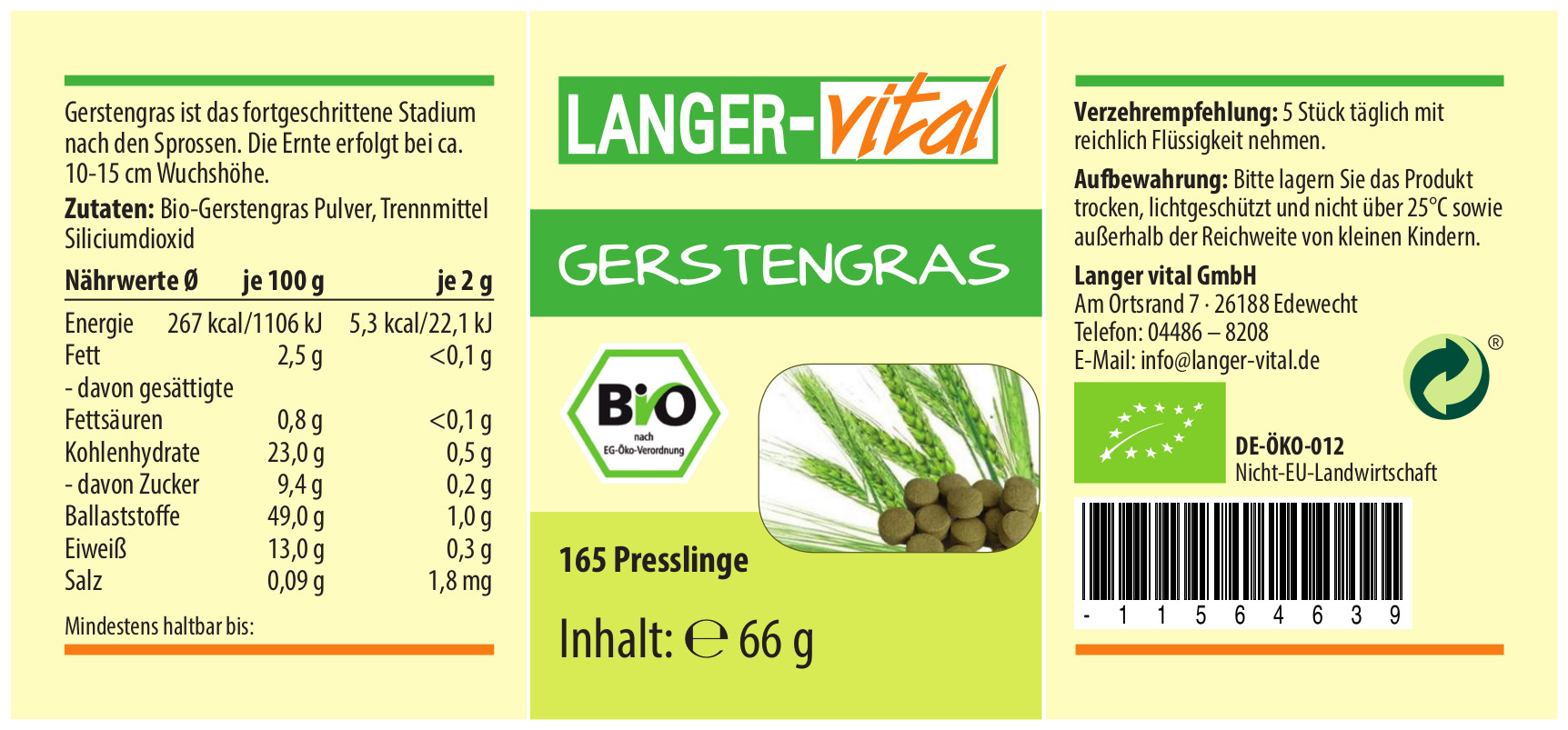 Gerstengras Bio, 165 Presslinge