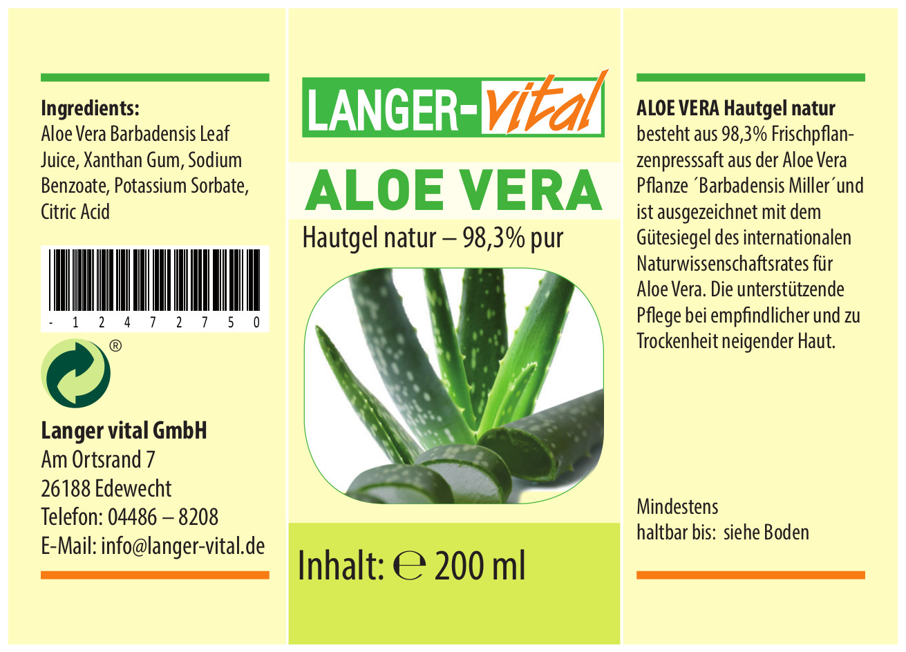 Aloe Vera Hautgel natur - 98,3% pur, 200 ml