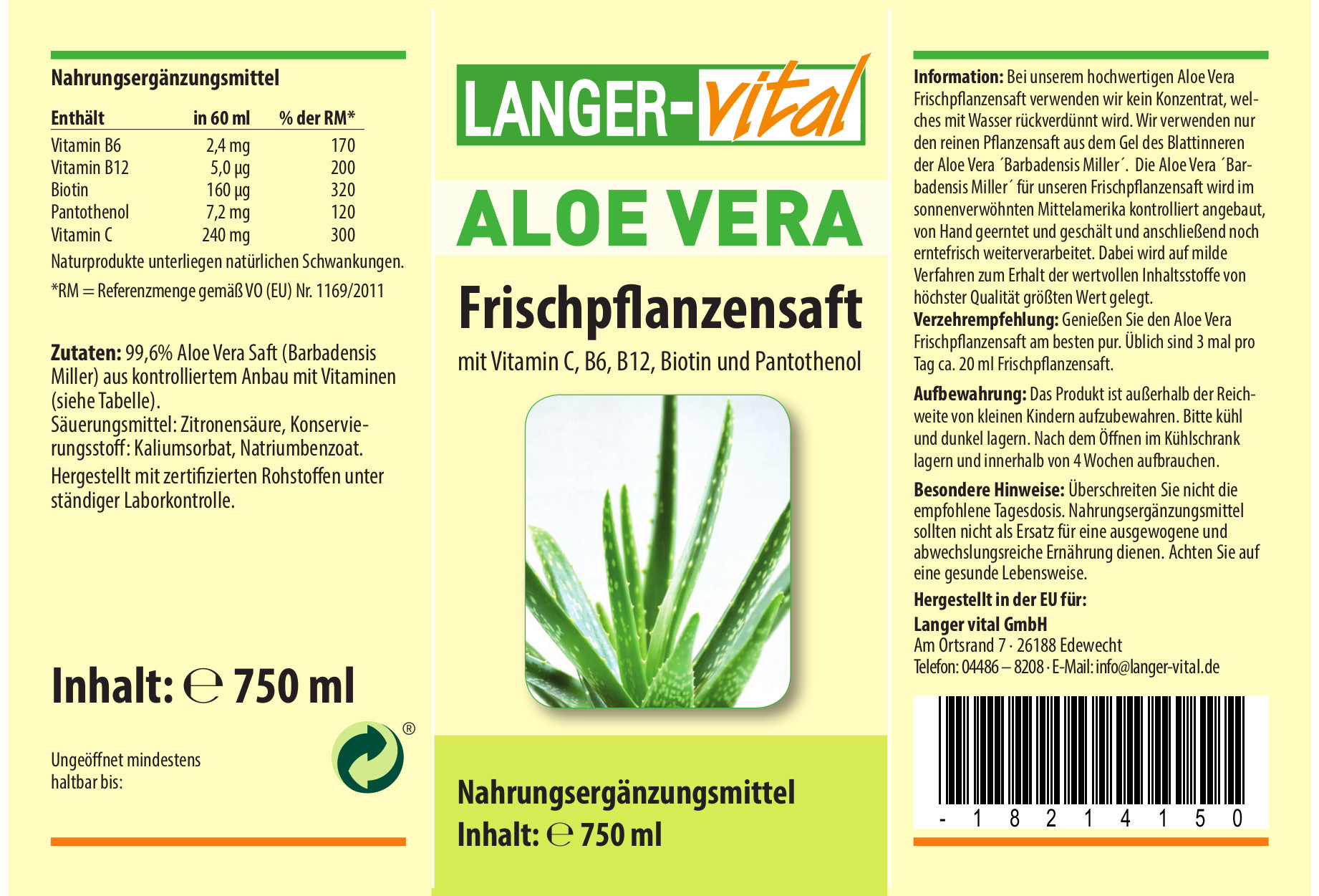 Aloe Vera Frischpflanzensaft (99,6 %) mit Vit. C, B6, B12, Biotin und Pantothenol, 750 ml