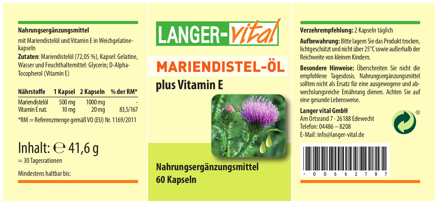 Mariendistelöl plus Vitamin E, 60 Kapseln