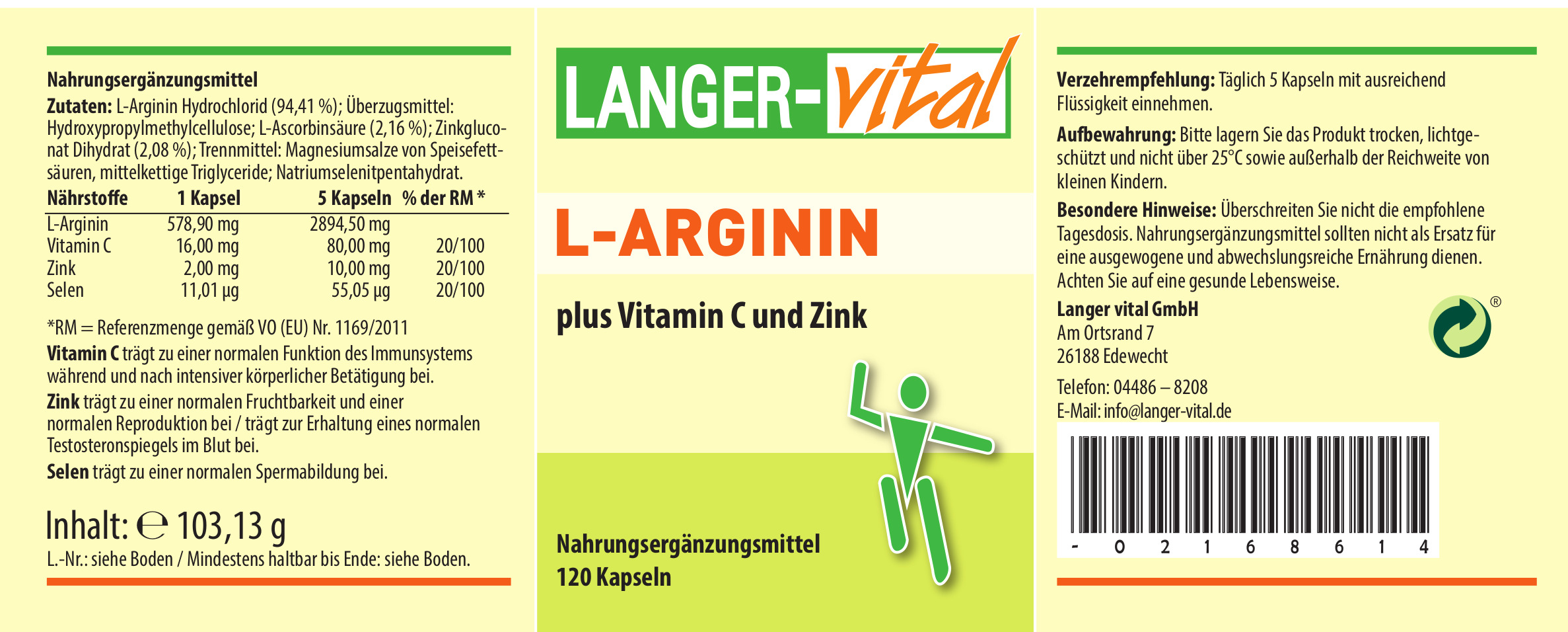 L-Arginin plus Vitamin C und Zink, 120 Kapseln