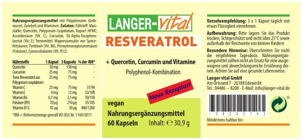 Resveratrol + Quercetin, Curcumin und Vitaminen, 60 Kapseln