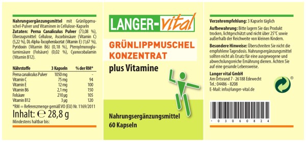 Grünlippmuschel Konzentrat + Vitamine, 60 Kapseln